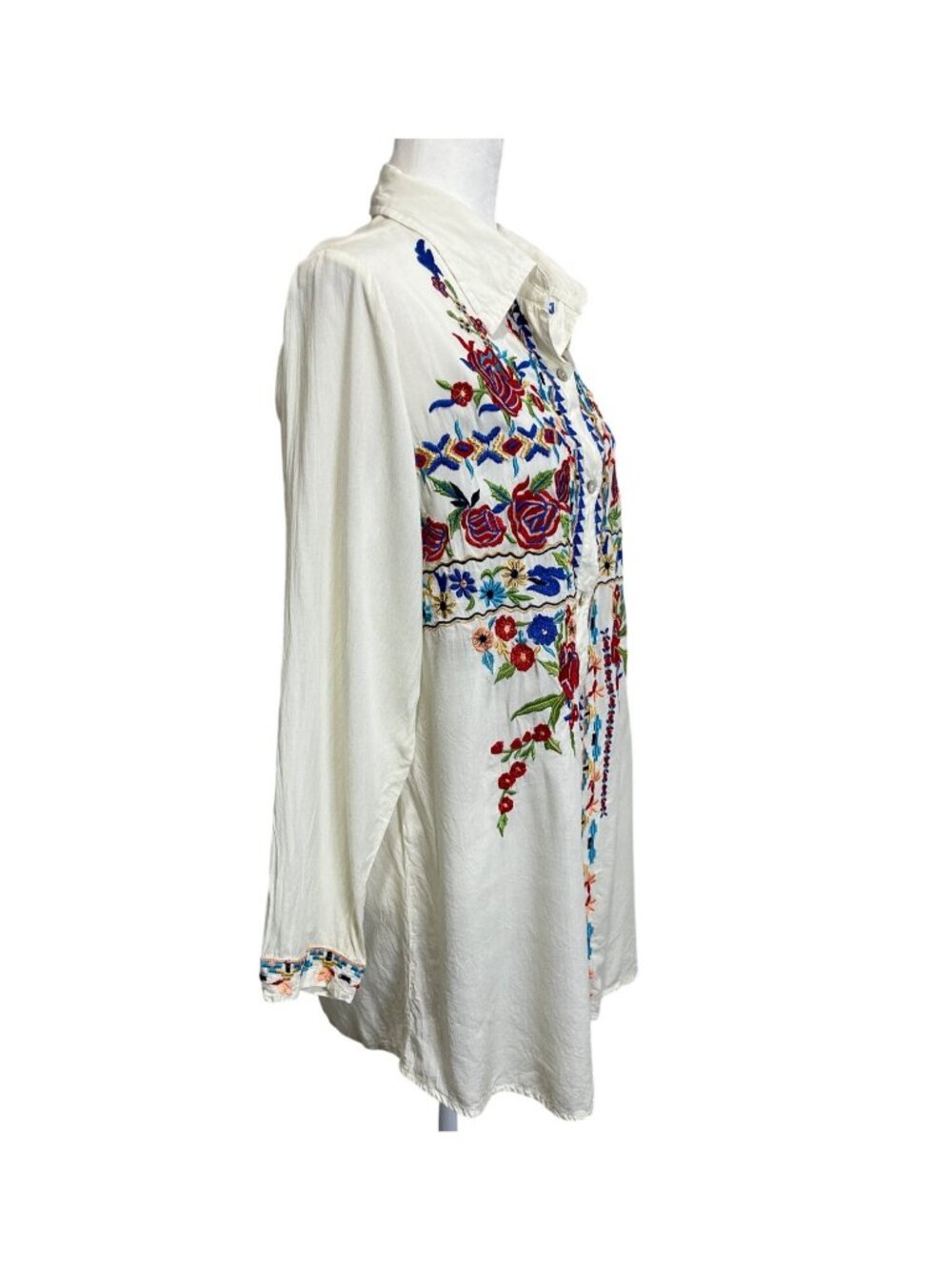 Scully Womens XL Button-Up Top Floral Embroidered Shirt Cream Red Blue Western - Picture 2 of 9